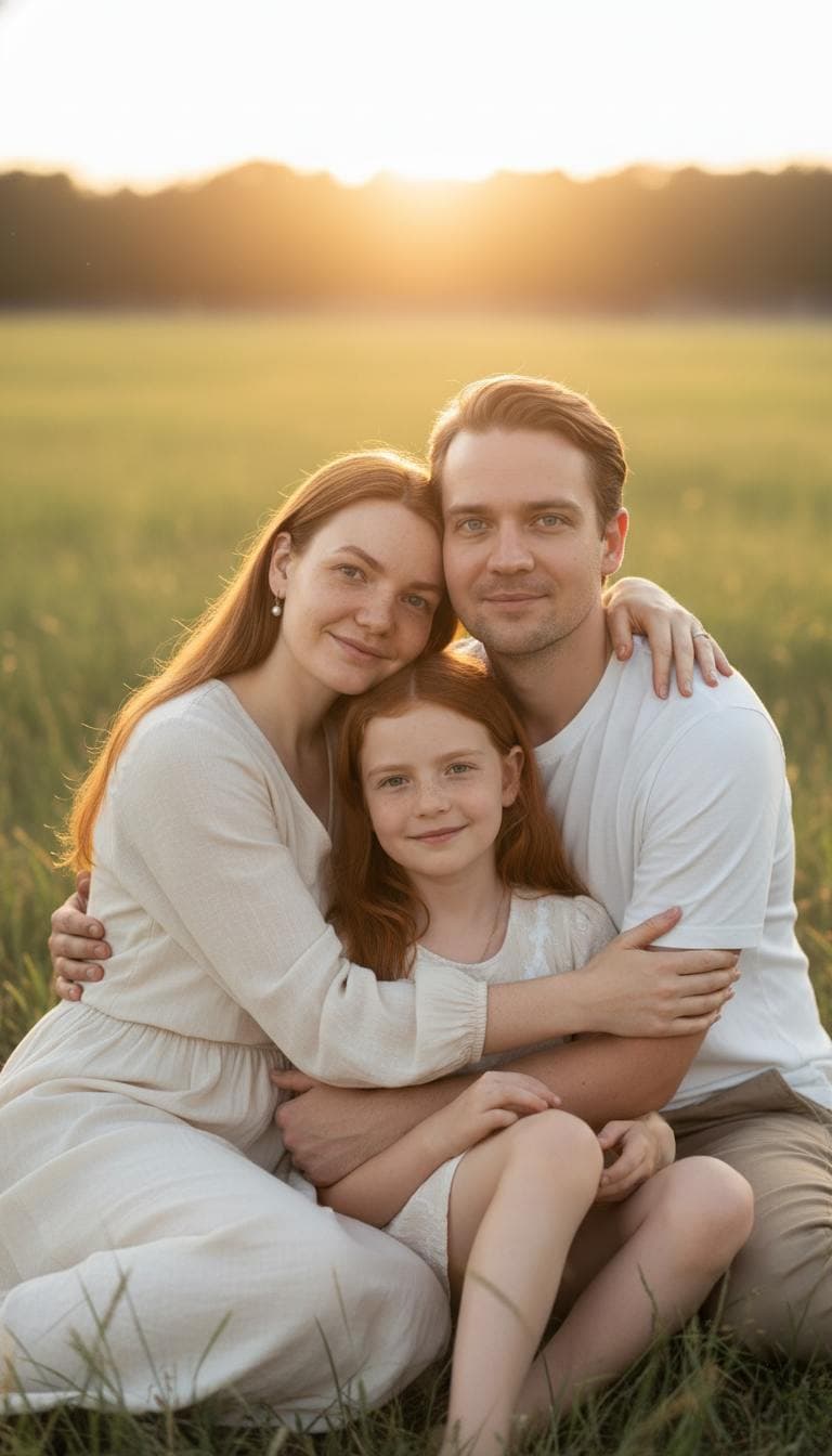 A couple posing with their AI generated future baby on a family photoshoot