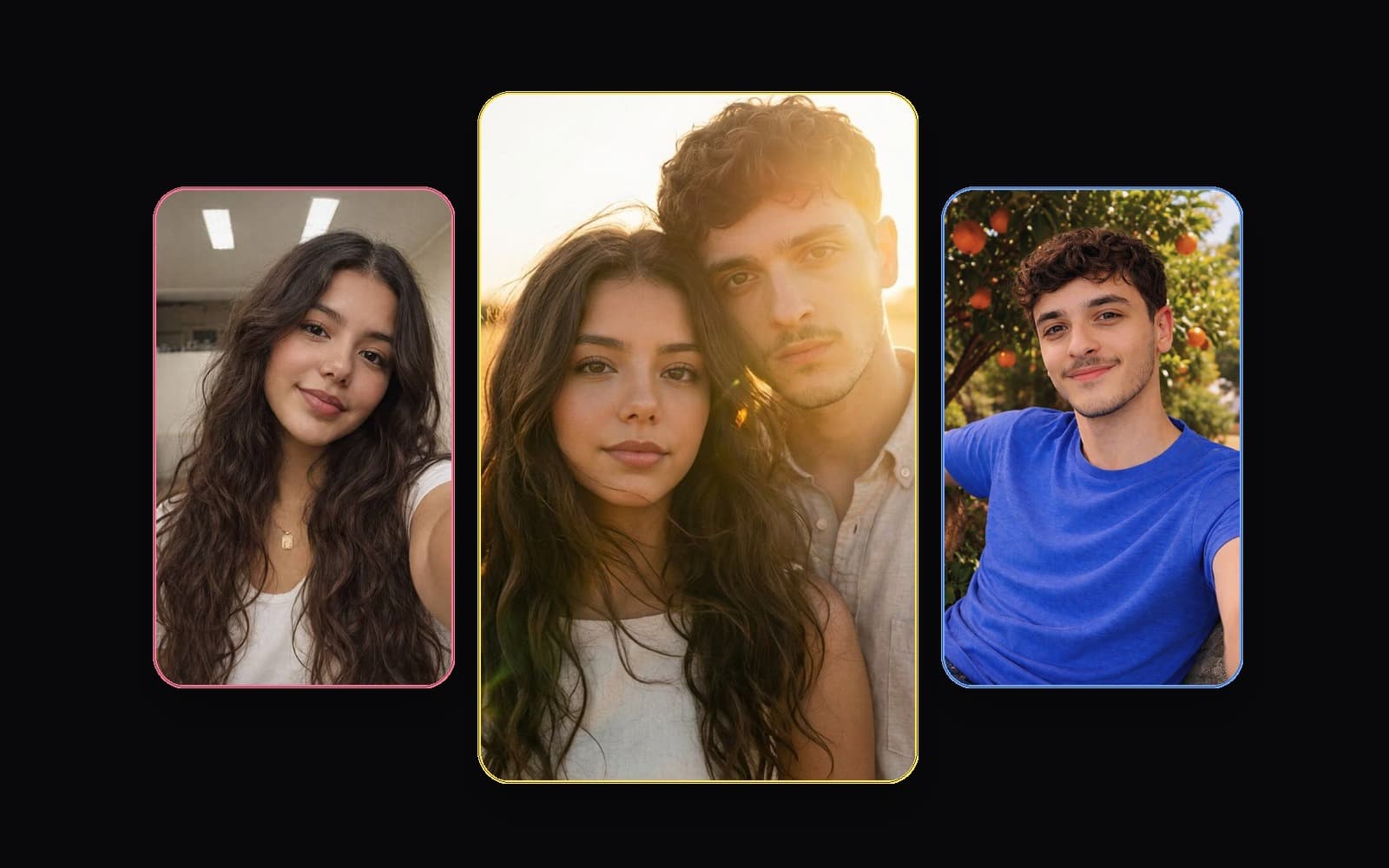 Golden hour couple collage with source selfies and generated result