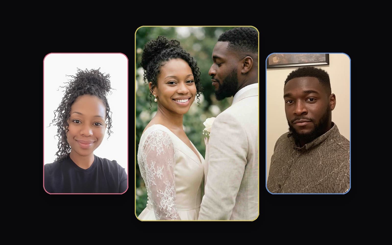 Wedding-style collage with two source portraits and generated couple photo