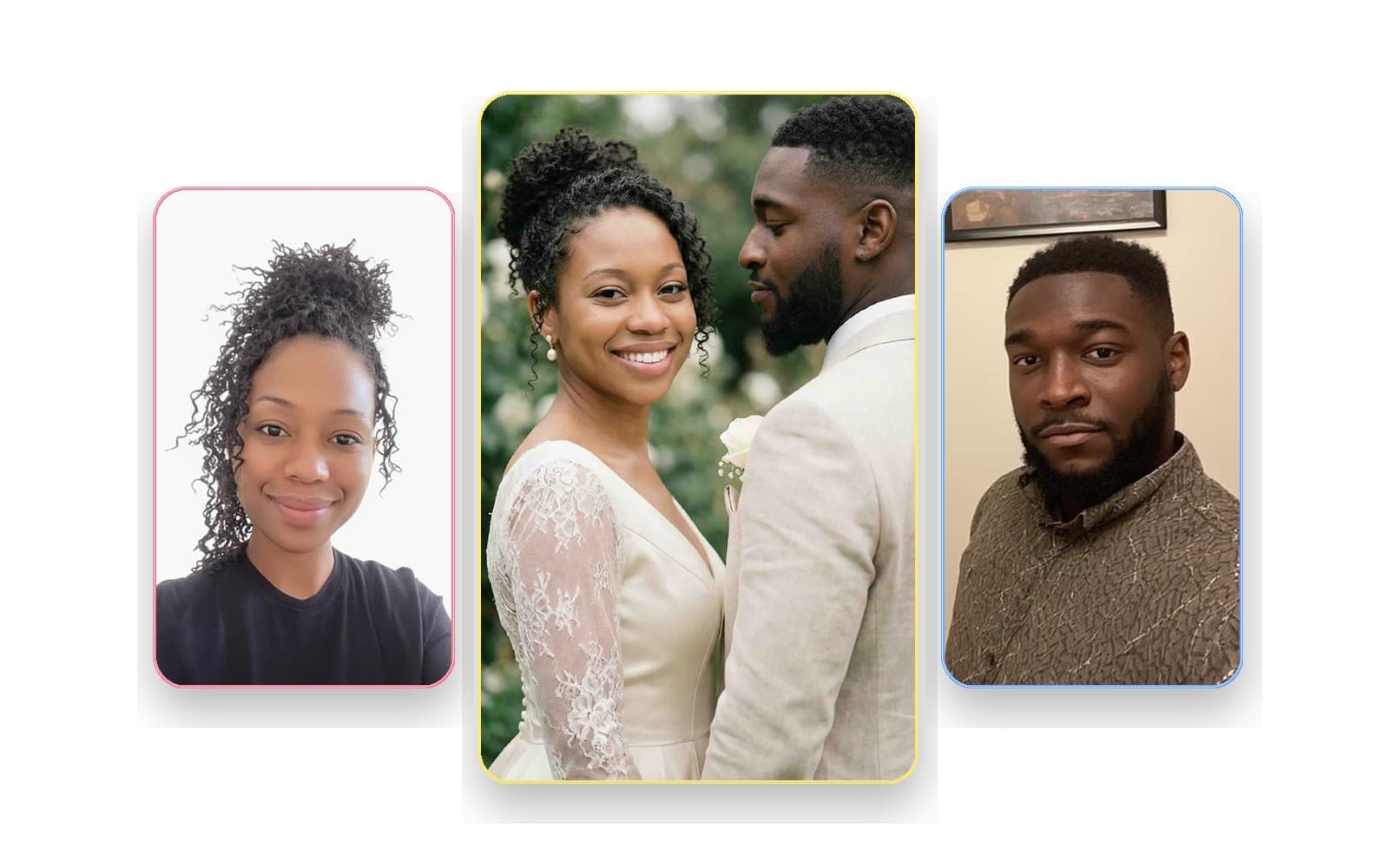 Wedding-style collage with two source portraits and generated couple photo