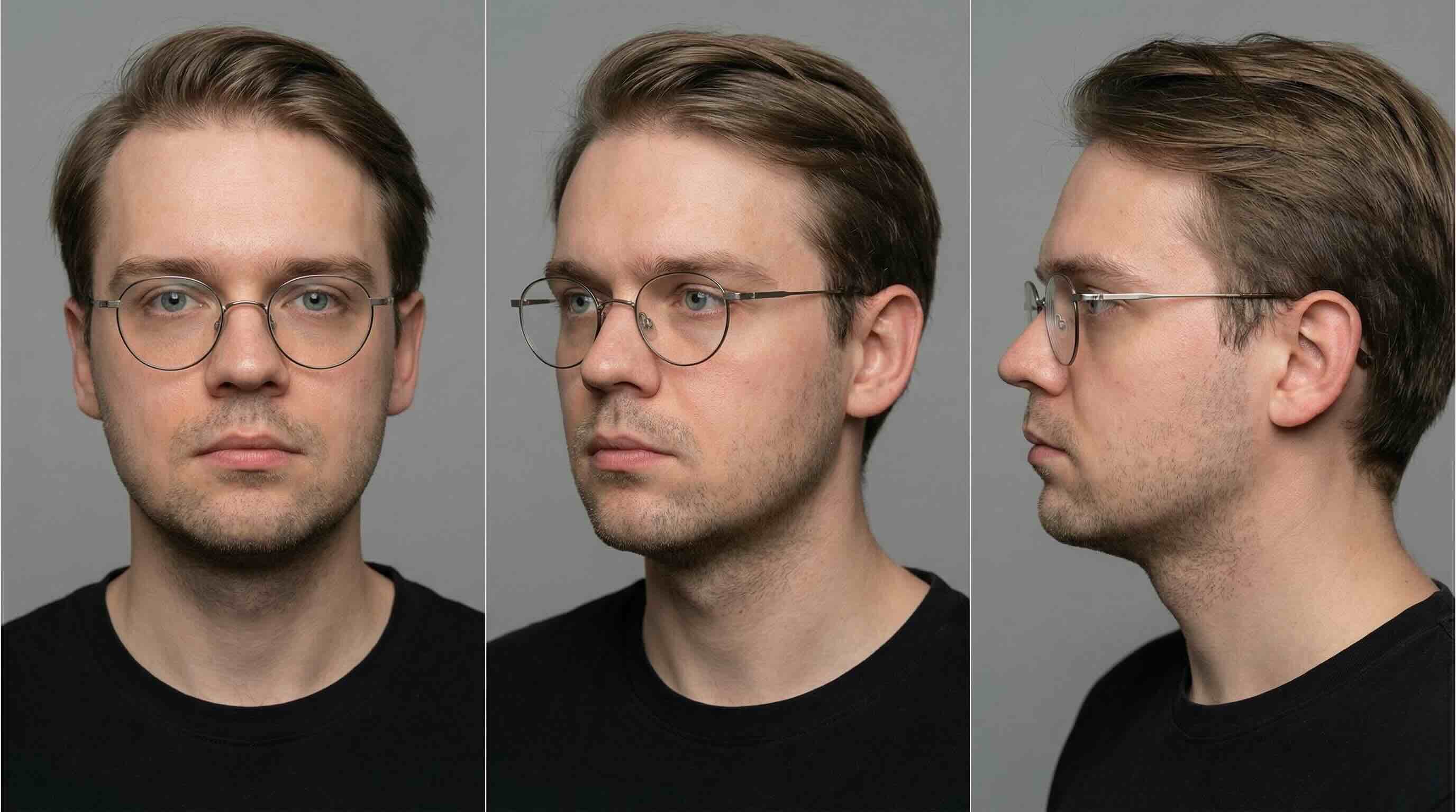 Triptych showing useful angle diversity: front, three-quarter, and side view