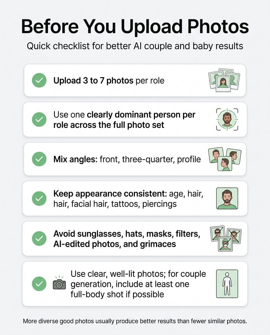 Before-upload checklist infographic for better AI couple and baby results