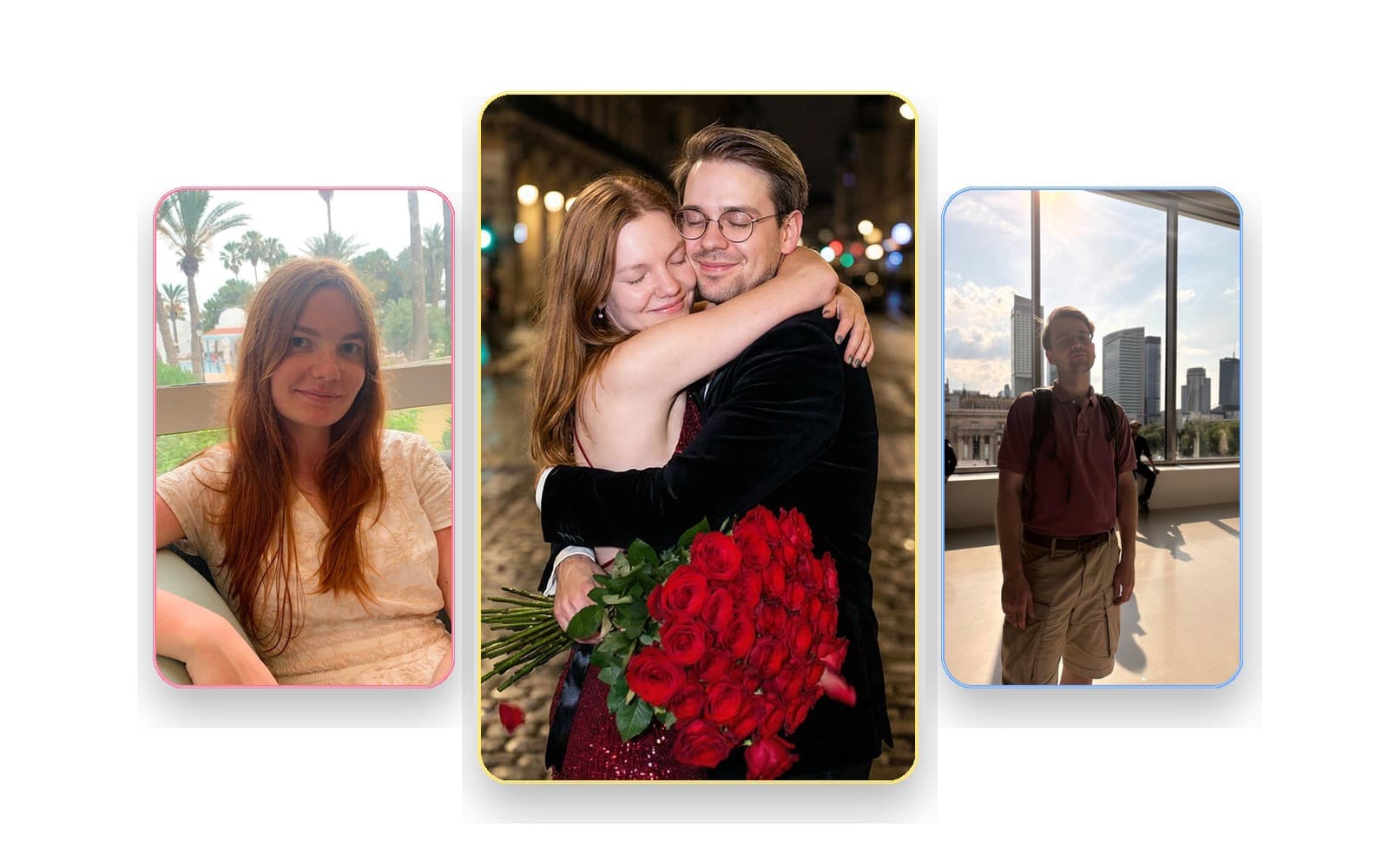 Valentine collage showing two separate source photos and the final AI couple result