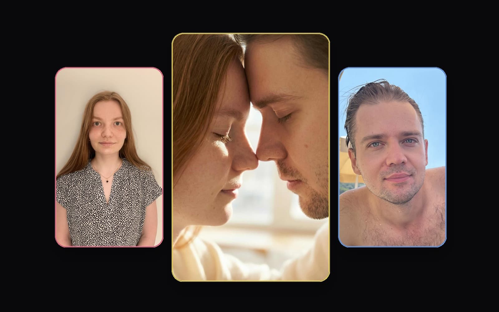 Studio collage showing two separate source portraits and the final AI couple photo