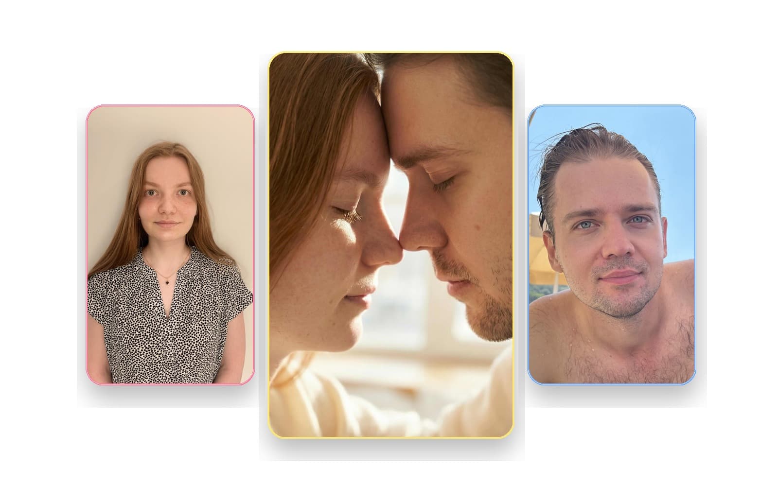 Studio collage showing two separate source portraits and the final AI couple photo