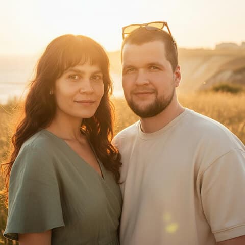 AI couples photoshoot with my boyfriend in golden hour light, romantic sunset photoshoot