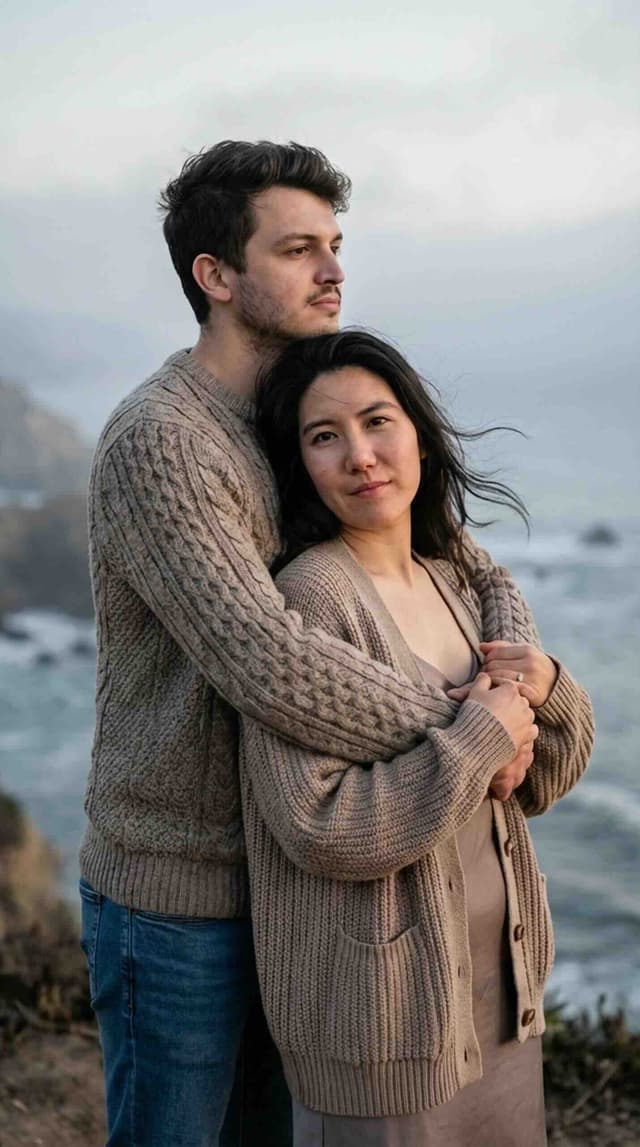 fotos románticas de pareja: resultado de fotos ia a orillas del mar con luz dorada