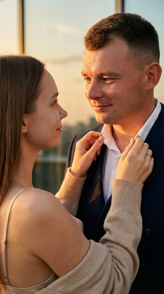 imagenes de parejas enamoradas: fotos ia de pareja en un rascacielos con vista al atardecer