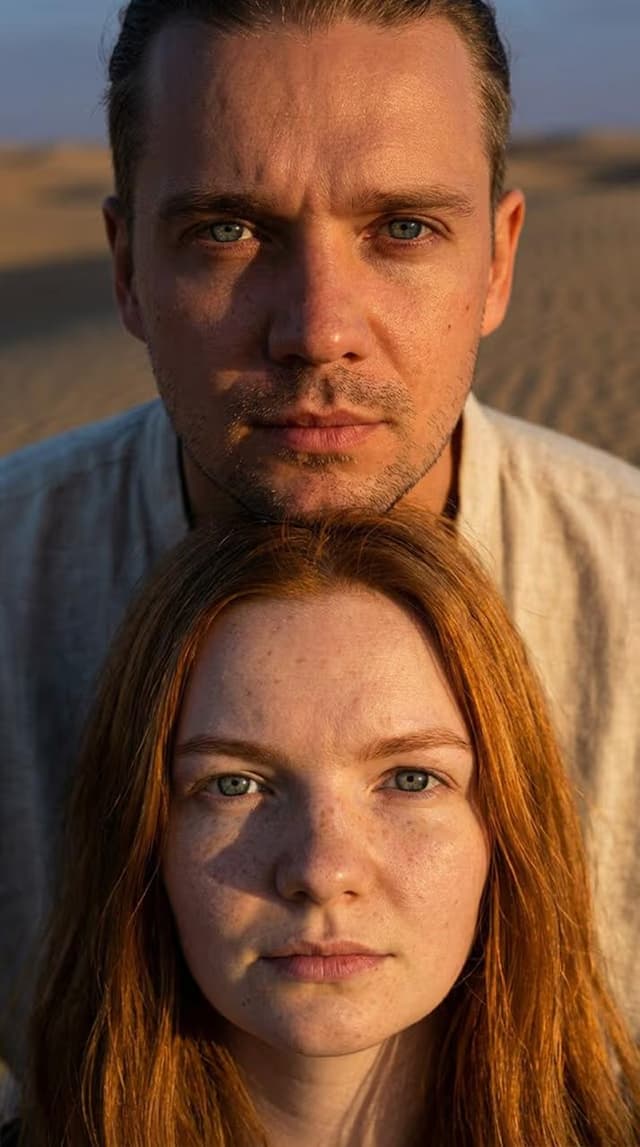 fotos románticas de pareja: resultado del generador de imágenes ia entre dunas al atardecer
