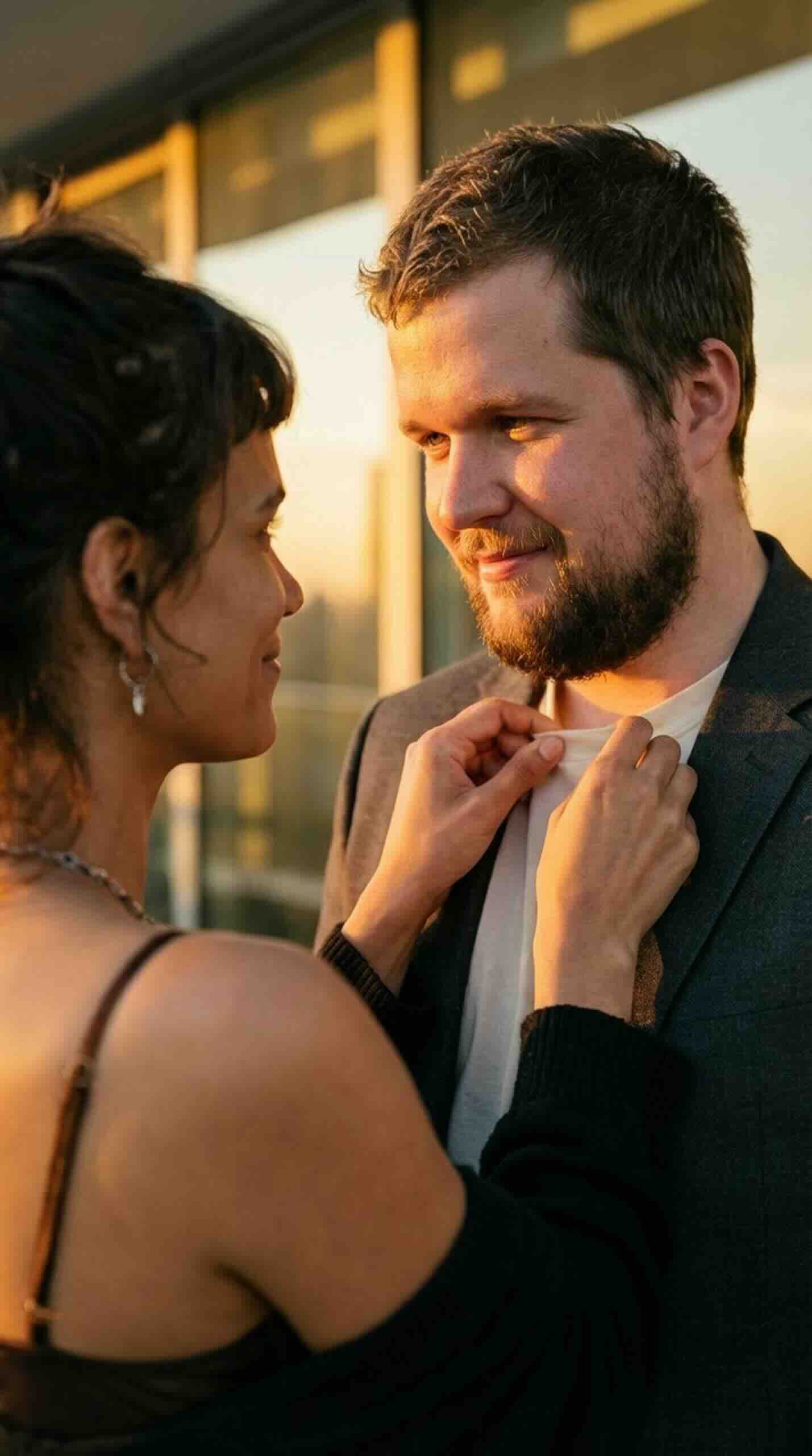 Golden hour photography: couple on a cold day by the ocean.