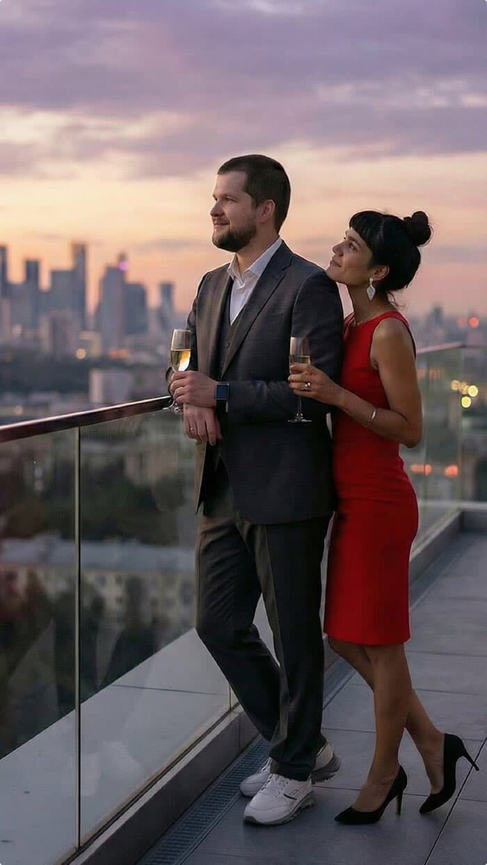 Beautiful couple photos: pair on a skyscraper rooftop in sunset light.