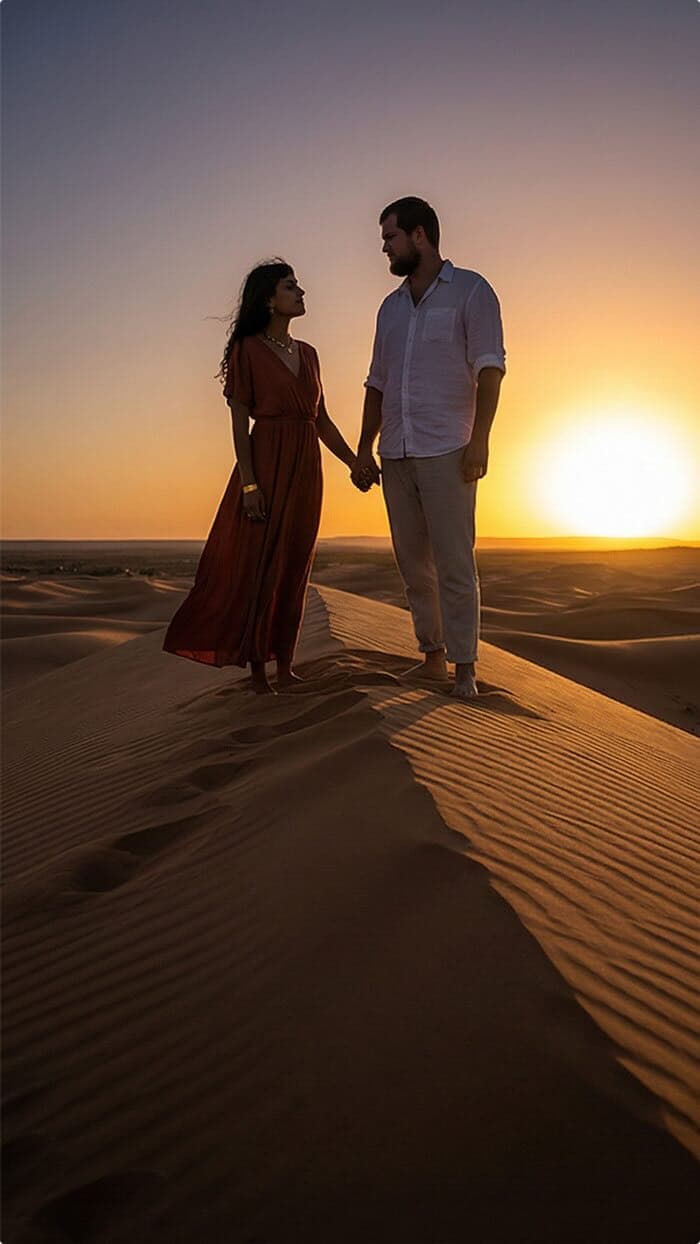 Nature couple pictures: couple hugging in the desert.