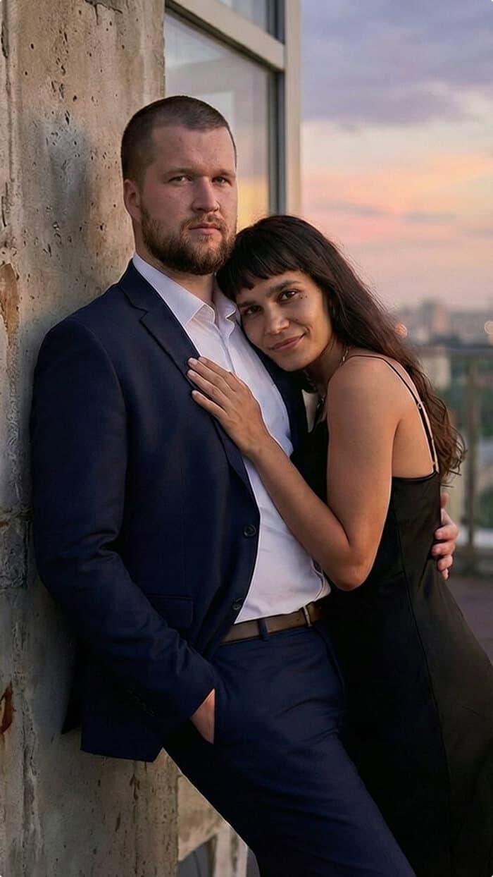 sunset couple photoshoot at a rooftop party.
