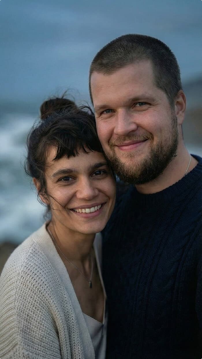 Sweet couple images: quiet evening by the sea with AI.