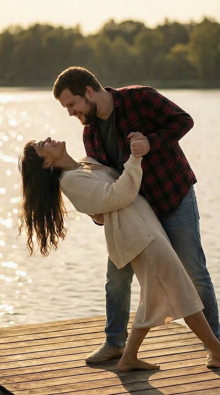 professional couples photoshoot, where lovers are dancing on the riverbank.