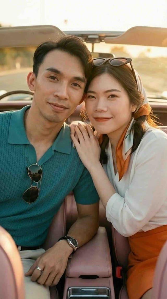 unique couple photoshoot: couple in vintage convertible at sunset