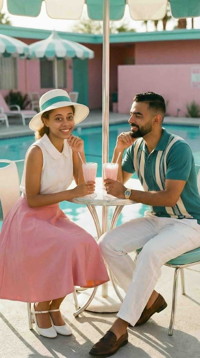 creative couple photography ideas: couple by Palm Springs pool