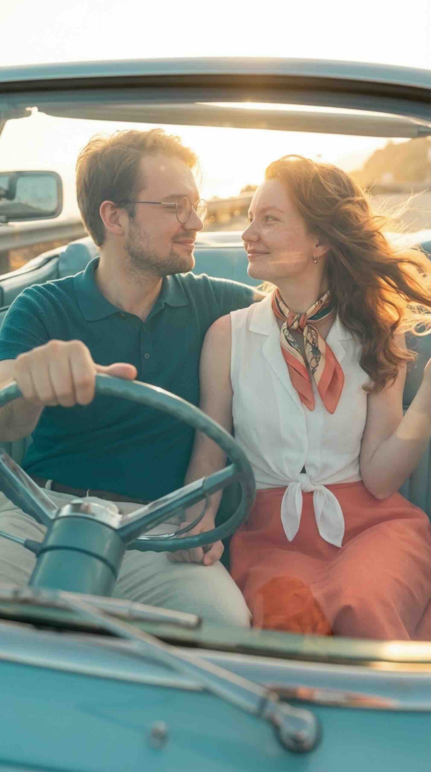 Creative photo maker: couple in retro car, authentic 50s-60s style.