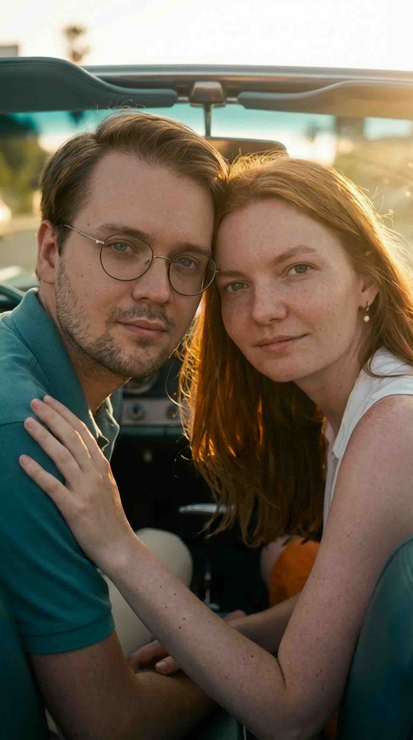 Unique couple photoshoot: couple in convertible, America 60s vibe.
