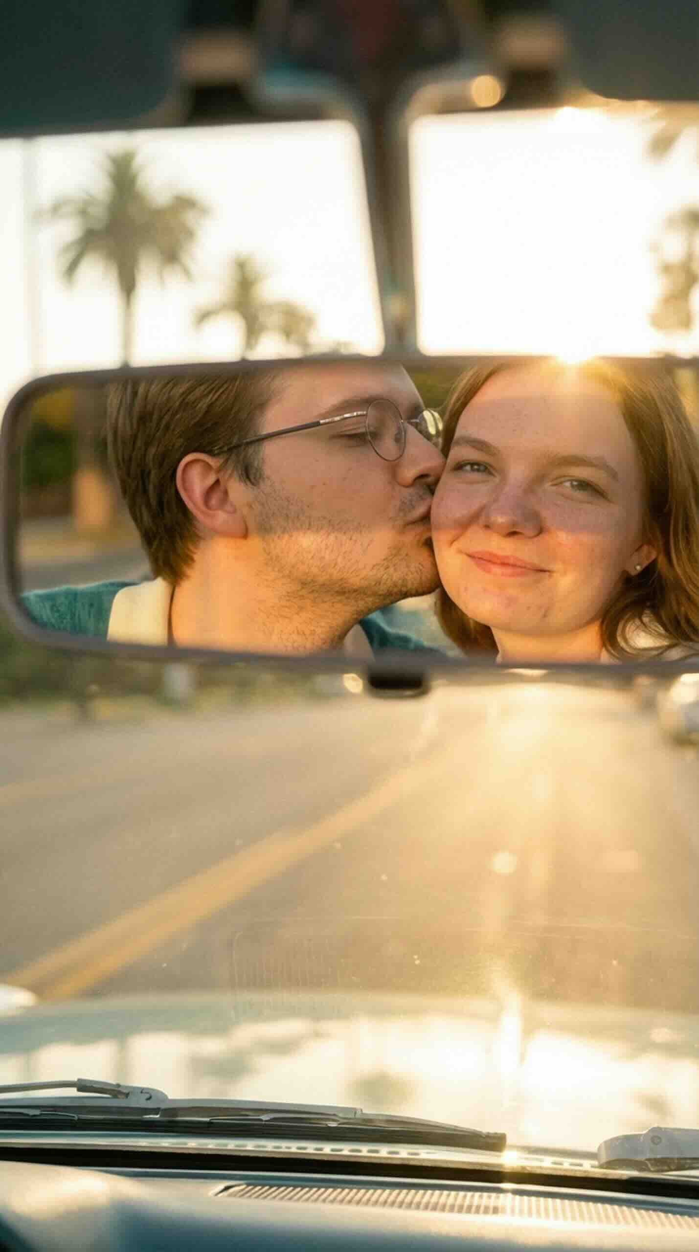 Vintage couple photoshoot: romantic sunset drive, wind in hair.