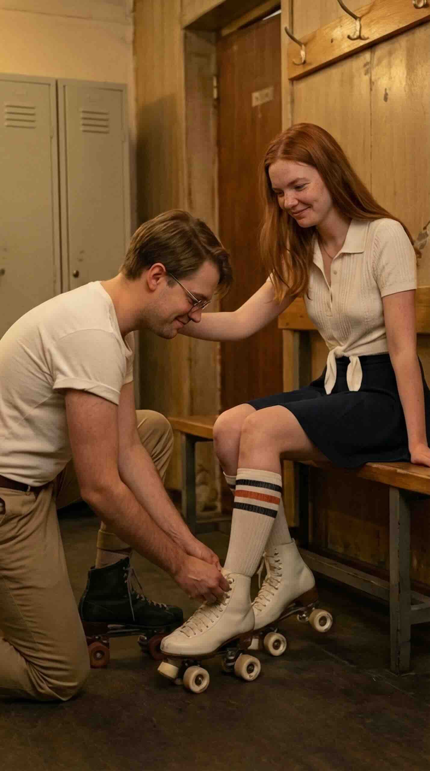 Cool couple photoshoot ideas: romantic moment at roller rink, tying laces.