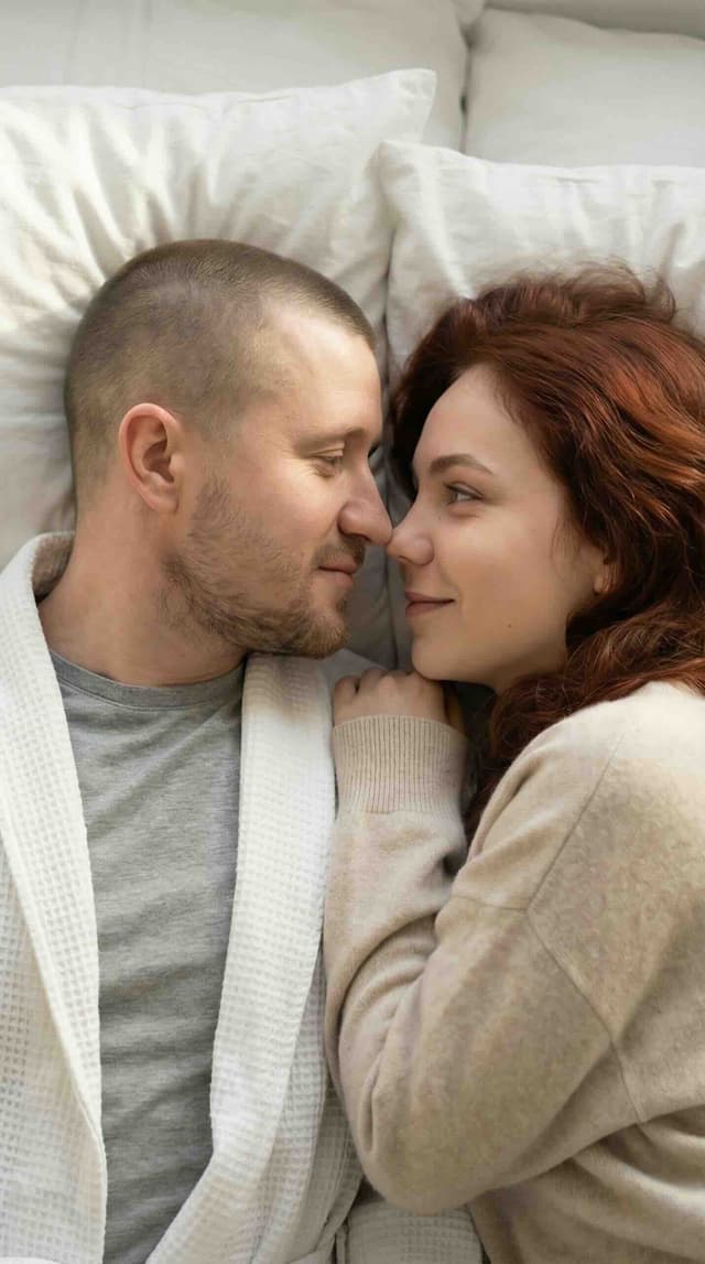aesthetic couple pictures: couple in bed, tenderness, soft rim light
