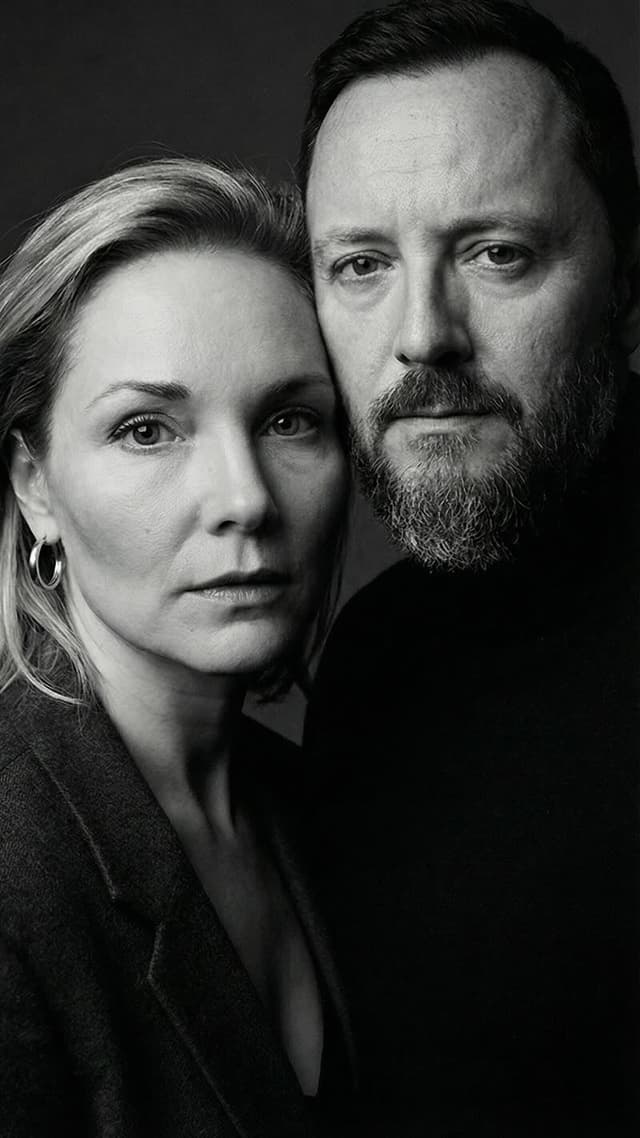 ai professional photo: couple in beige studio, soft sunlight