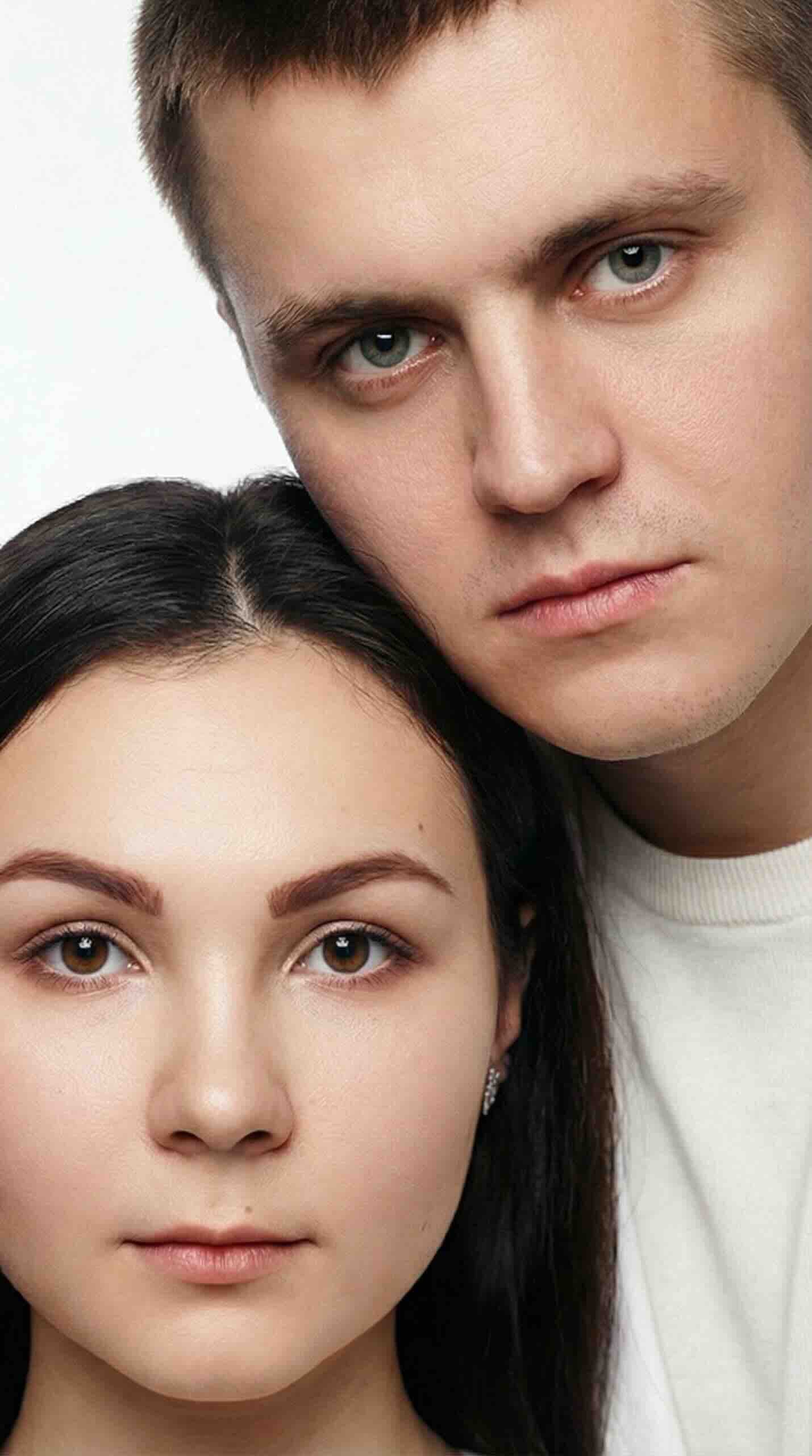 Formal photo maker: portrait of woman and man on white background.