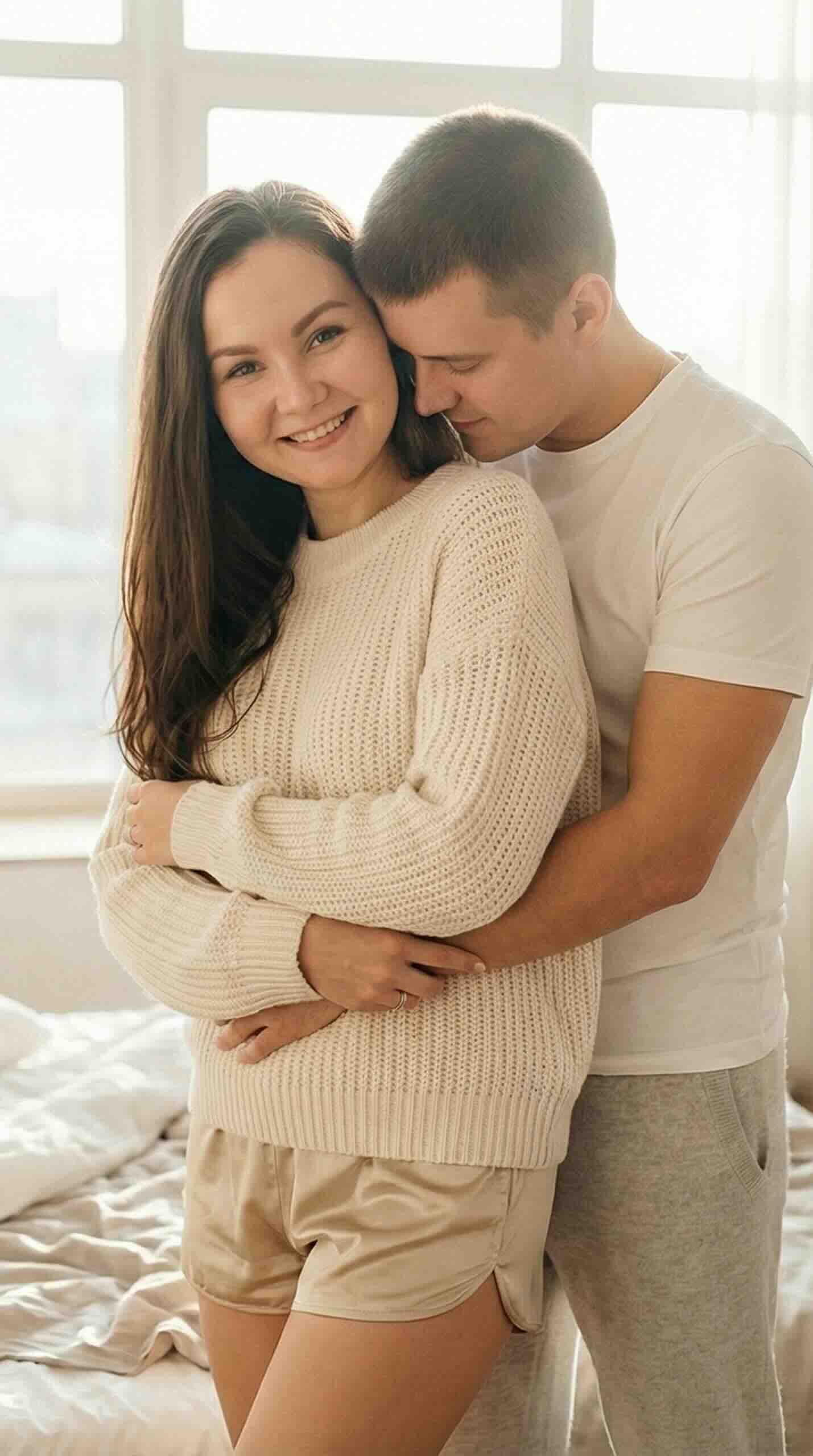 AI couple photo: cozy morning, soft window light, high quality.