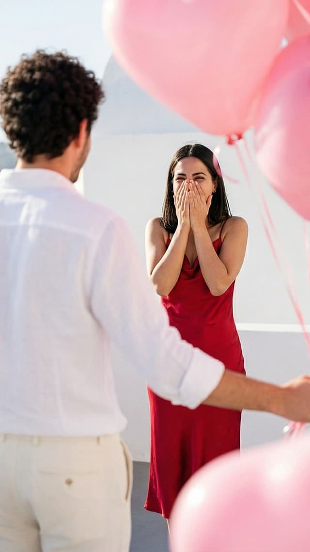 cute valentine pictures: couple hugging among pink balloons on terrace
