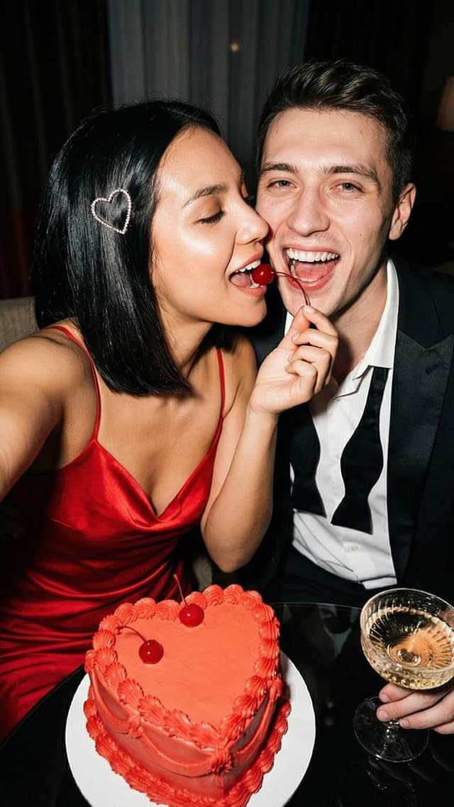 flash photography couple: eating heart cake with cherries