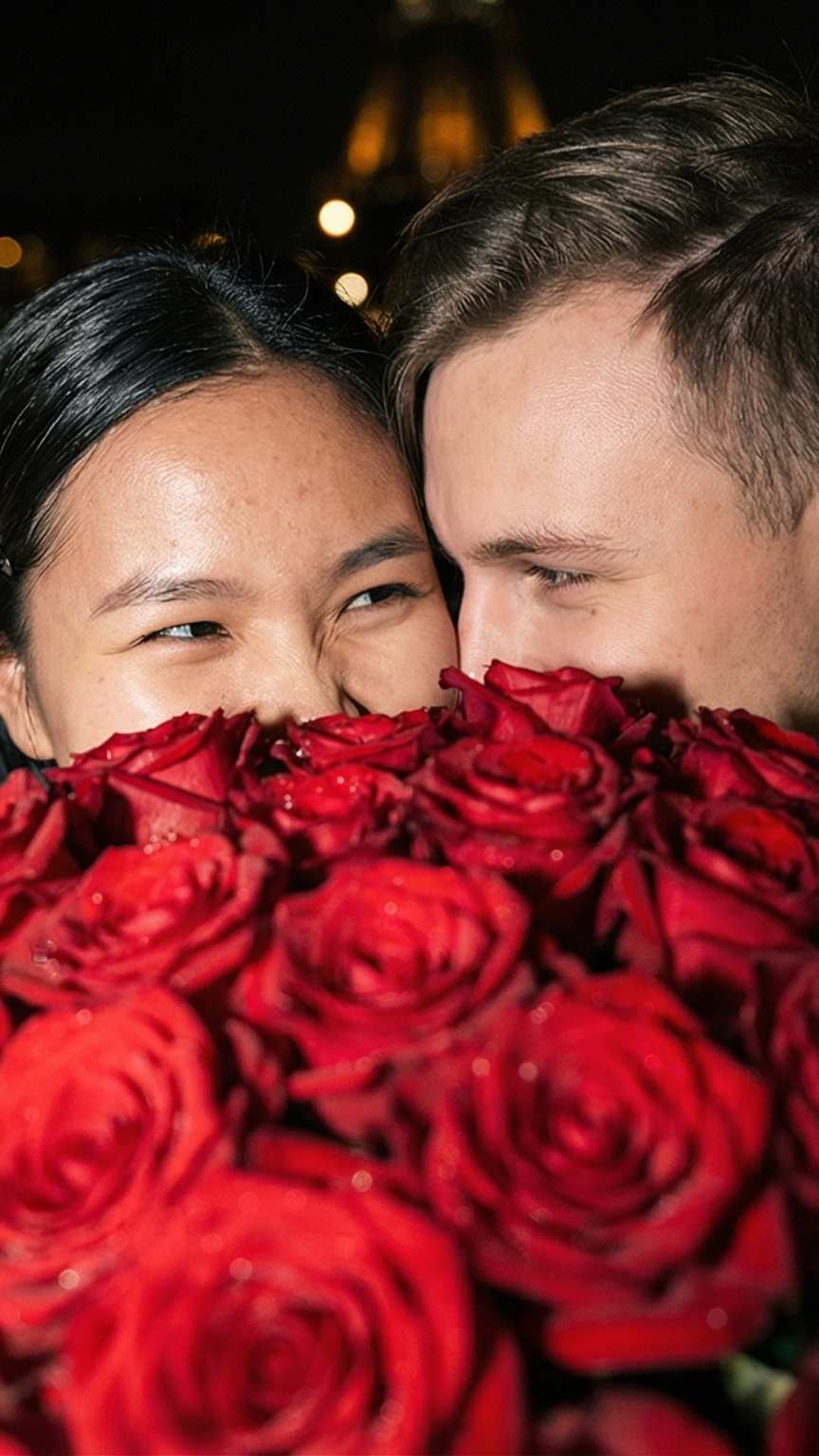 Love story photo: hiding a kiss behind a bouquet of flowers.