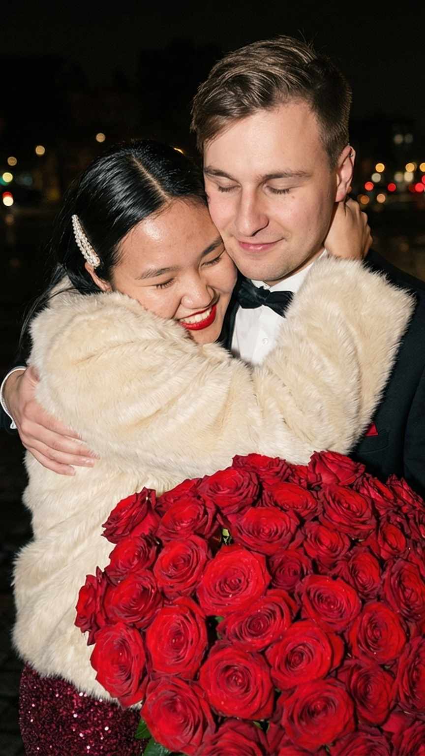 Couple pictures for valentine: hugging with huge bouquet of roses.