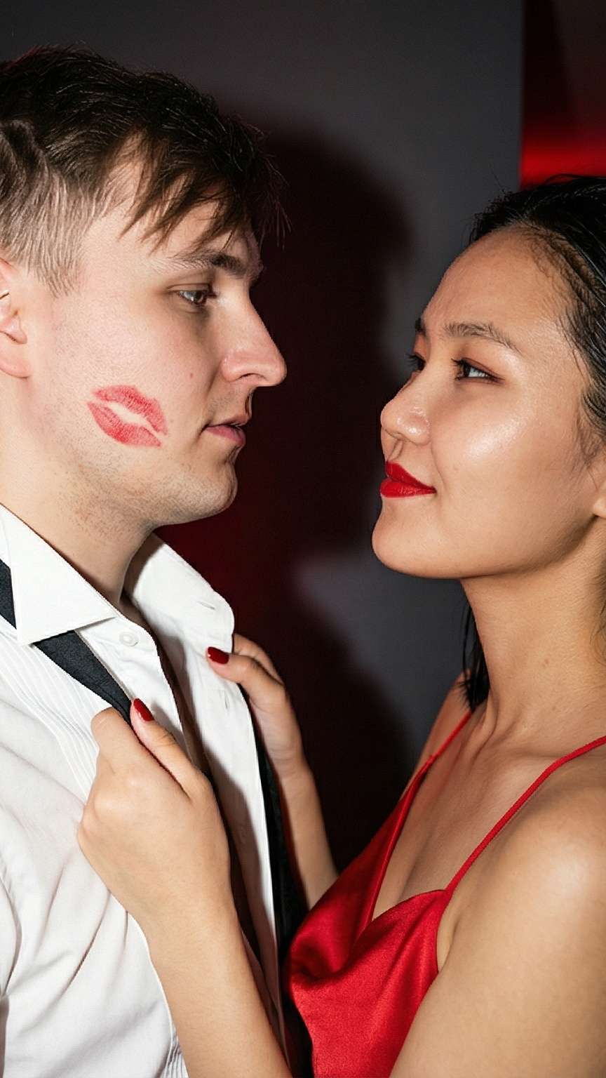 Valentine photo: couple eating cake with cherries, messy lipstick.