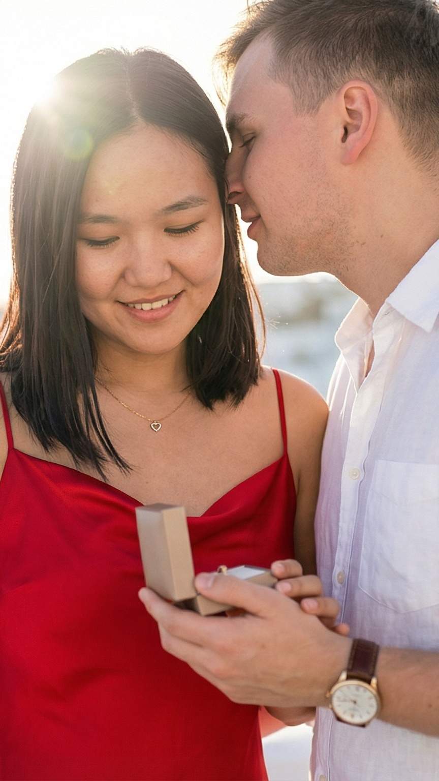 Romantic photography in red dress and white shirt.