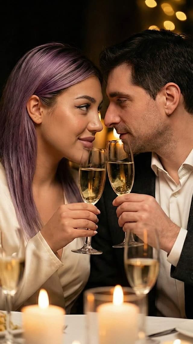 foto en pareja con IA: beso a la luz de las velas, destellos dorados, ambiente acogedor