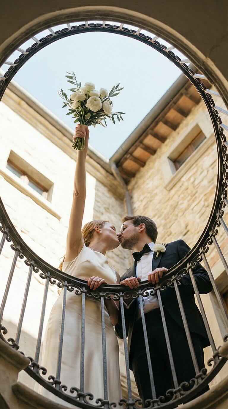 Create wedding photos: couple on circular staircase steps, AI generation.