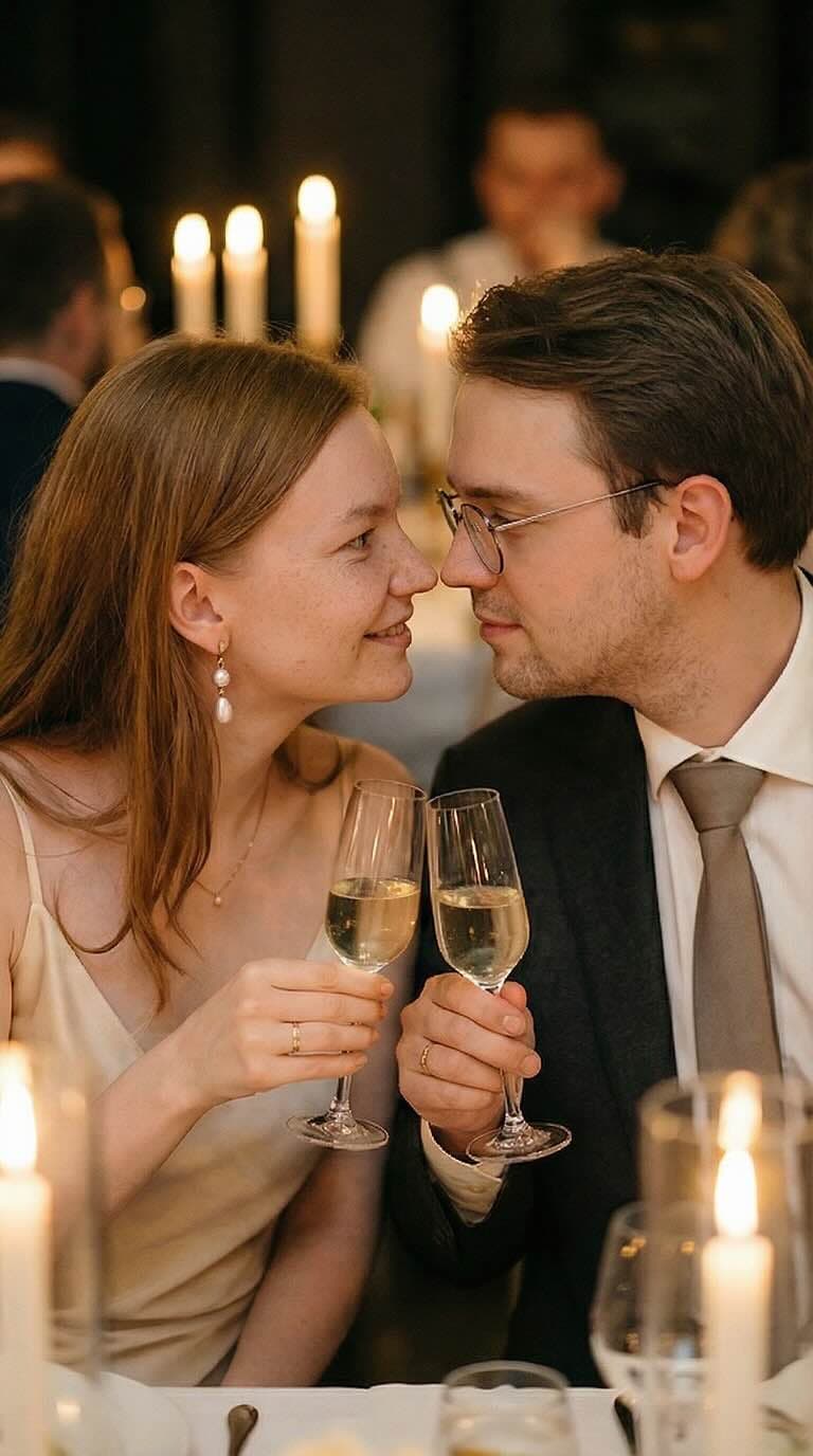Fotos con ayuda de IA: el novio y la novia en la mesa de boda