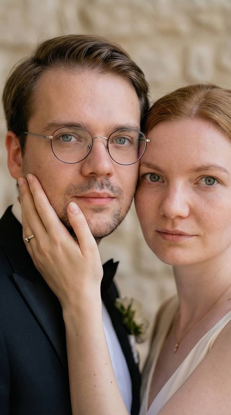 Wedding couple photos style: focus on hands and rings, cinematic quality.