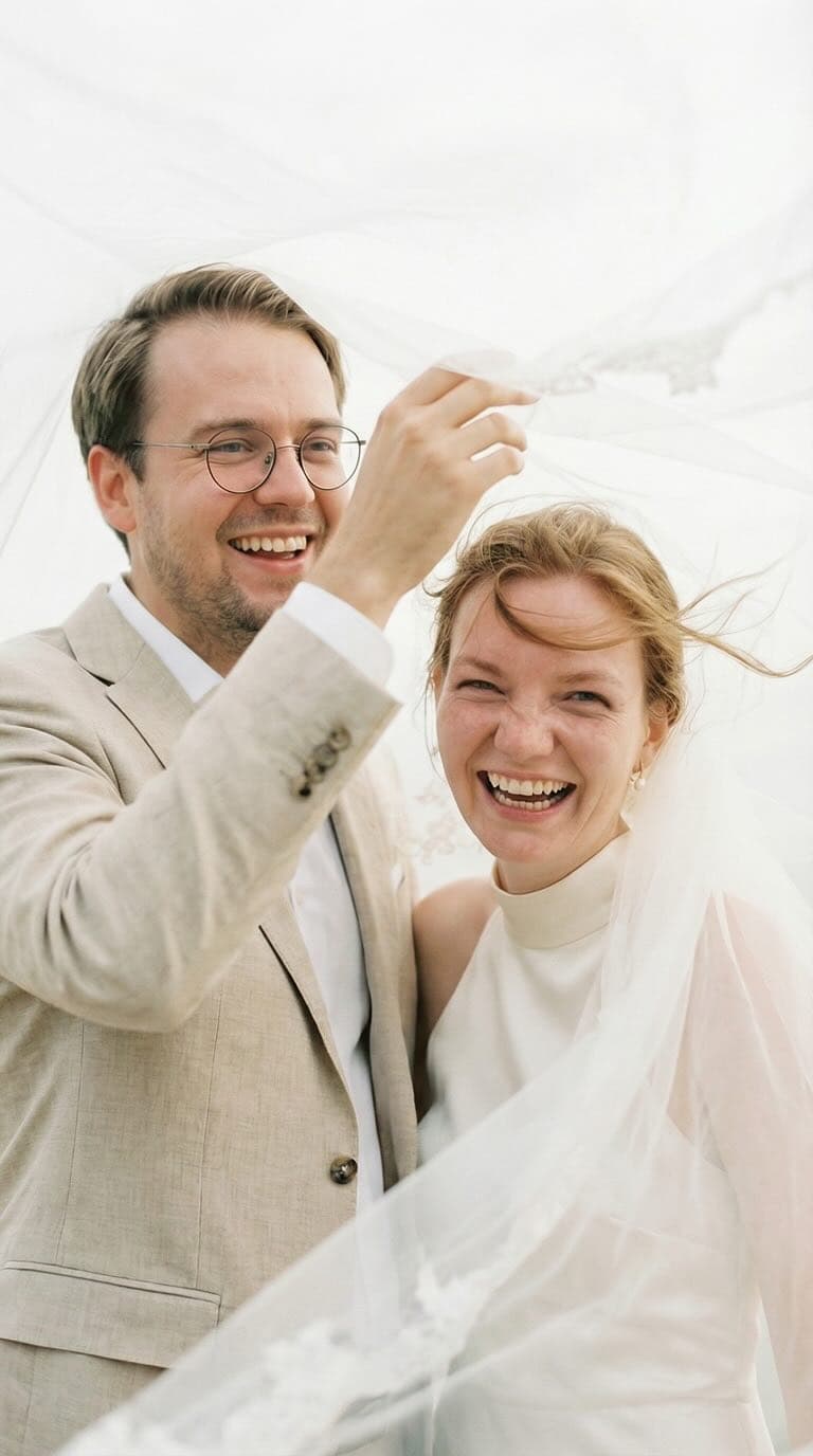 Create bride and groom avatar: happy couple laughing.