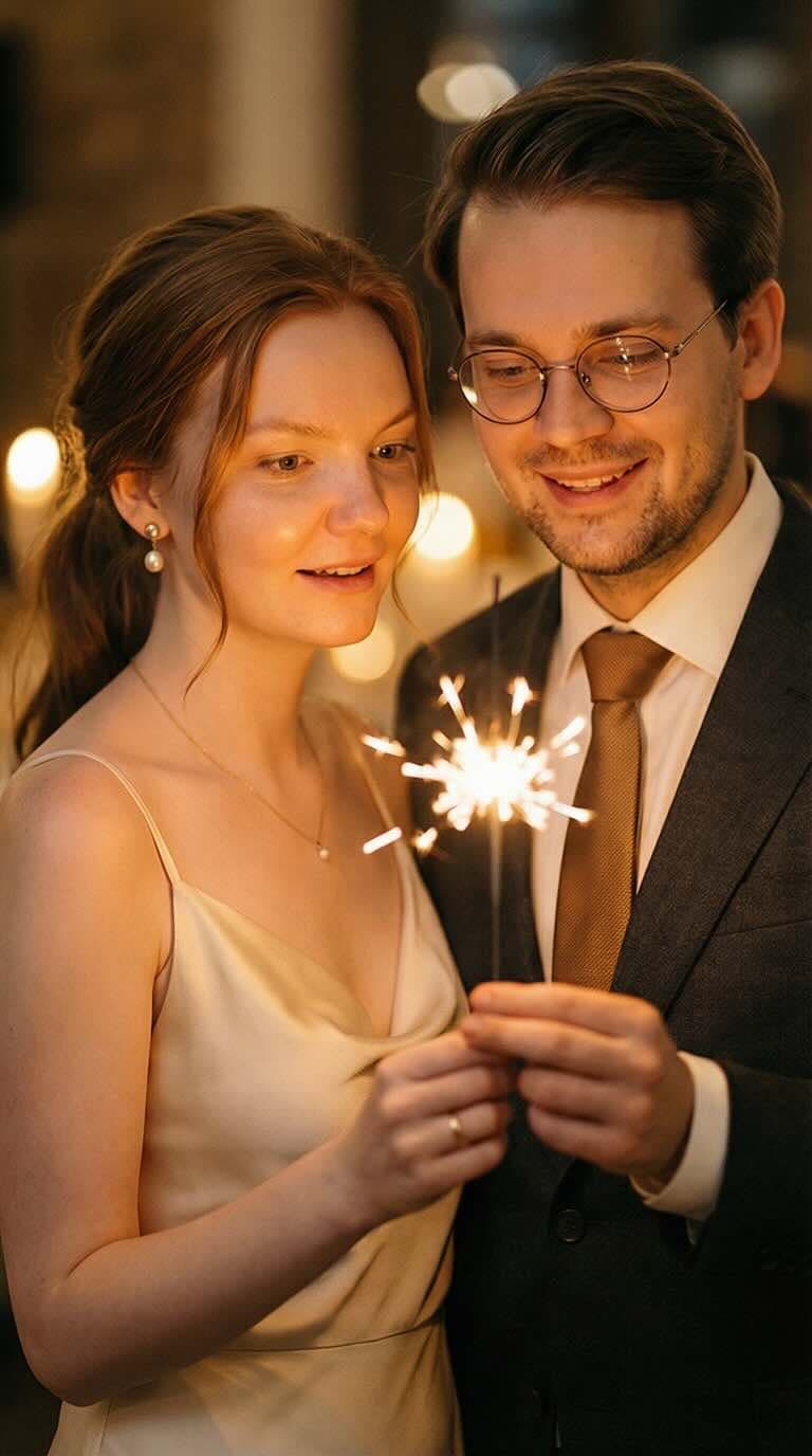 Romantic wedding couple pic: holding sparklers, high quality.