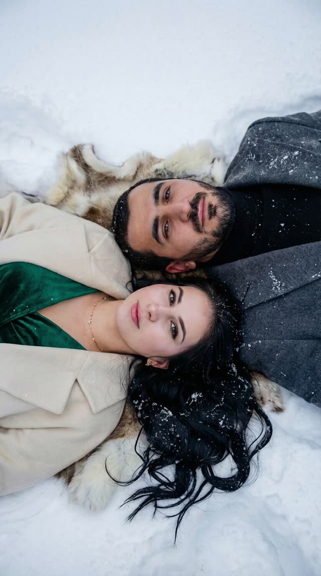 result: neural network connects two photos in the forest, tender hugs and snow