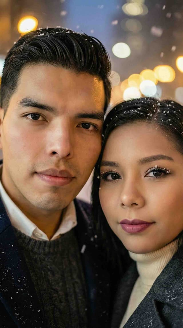 AI photo card: couple under an umbrella in night city, snowfall and lights