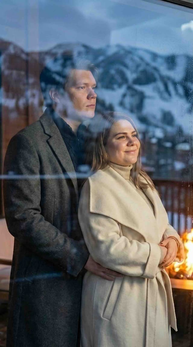 winter photos AI: couple laughing by the fireplace in a chalet, warm light on faces