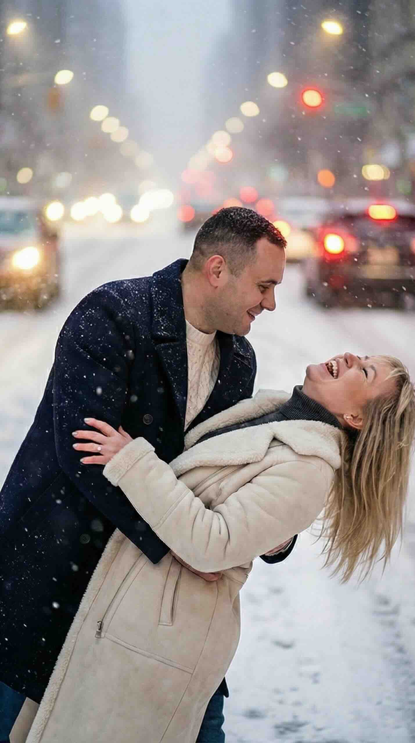Winter AI couple photoshoot with snow and warm styling