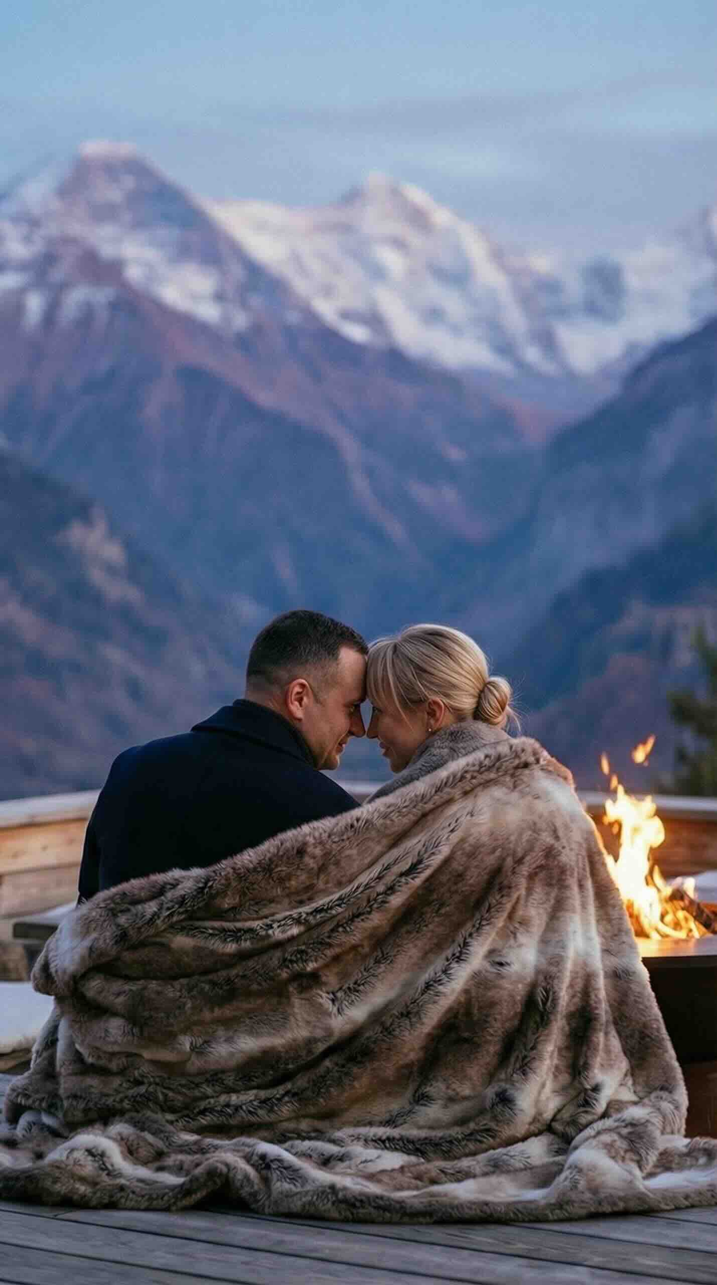 Neural photoshoot: couple sitting by the fire looking at snowy mountains.