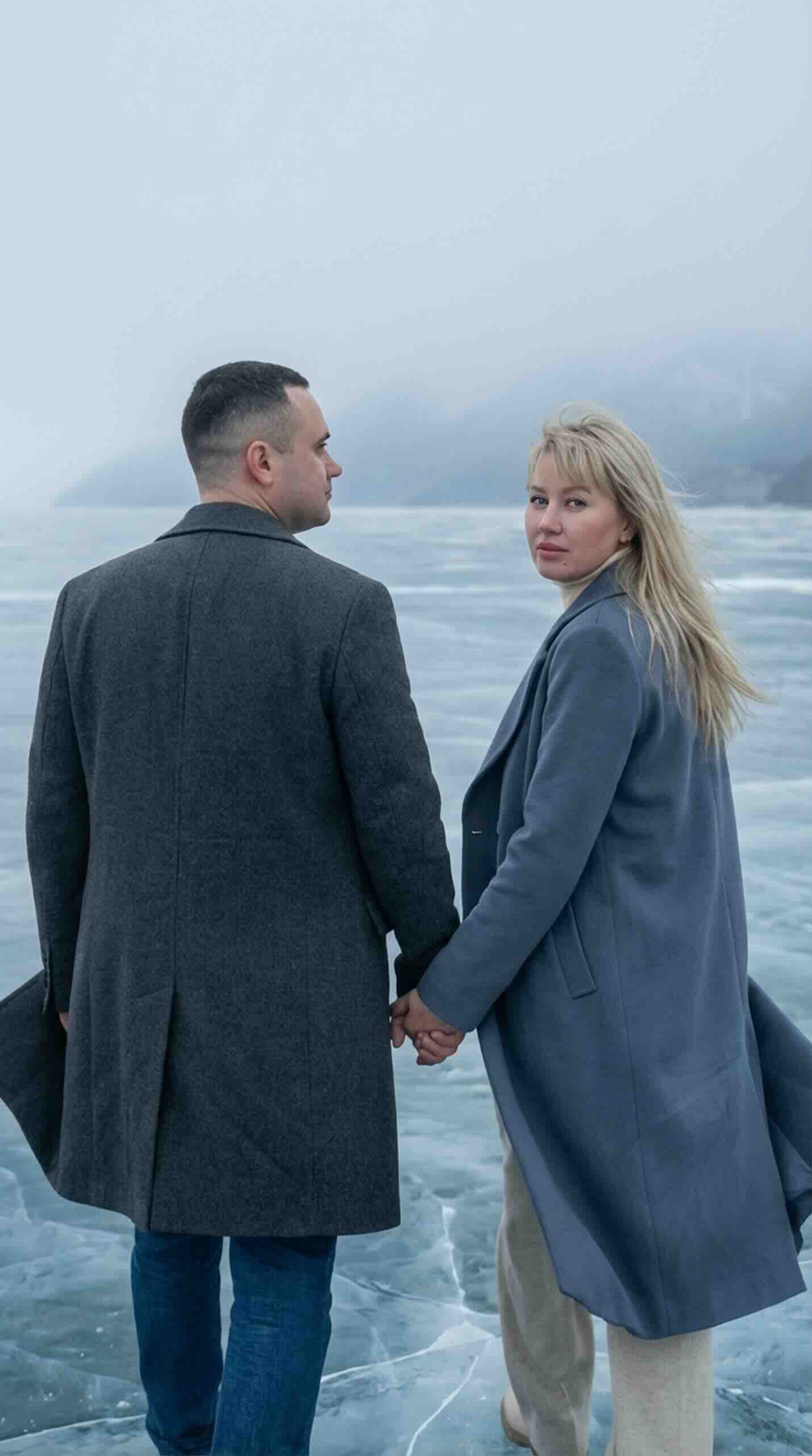 Combine photos AI: couple walking away on a frozen lake, coats blowing in the wind.