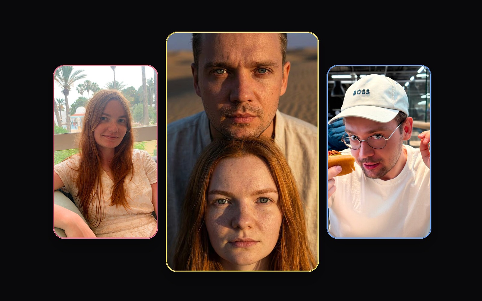 Golden hour idea collage with source selfies and final AI couple photo