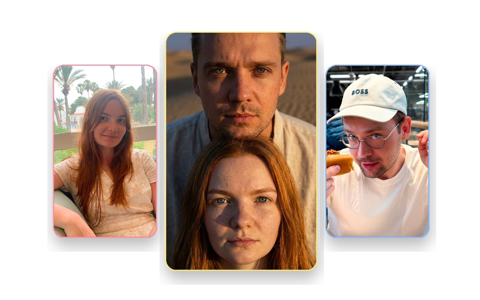 Golden hour idea collage with source selfies and final AI couple photo