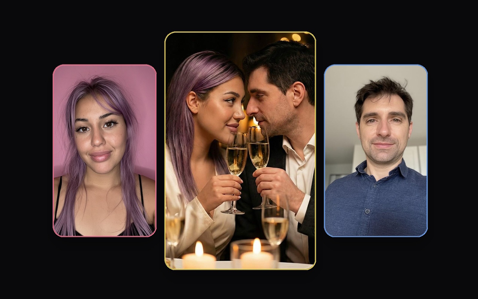 Comparison collage with two source portraits and wedding-style AI couple result